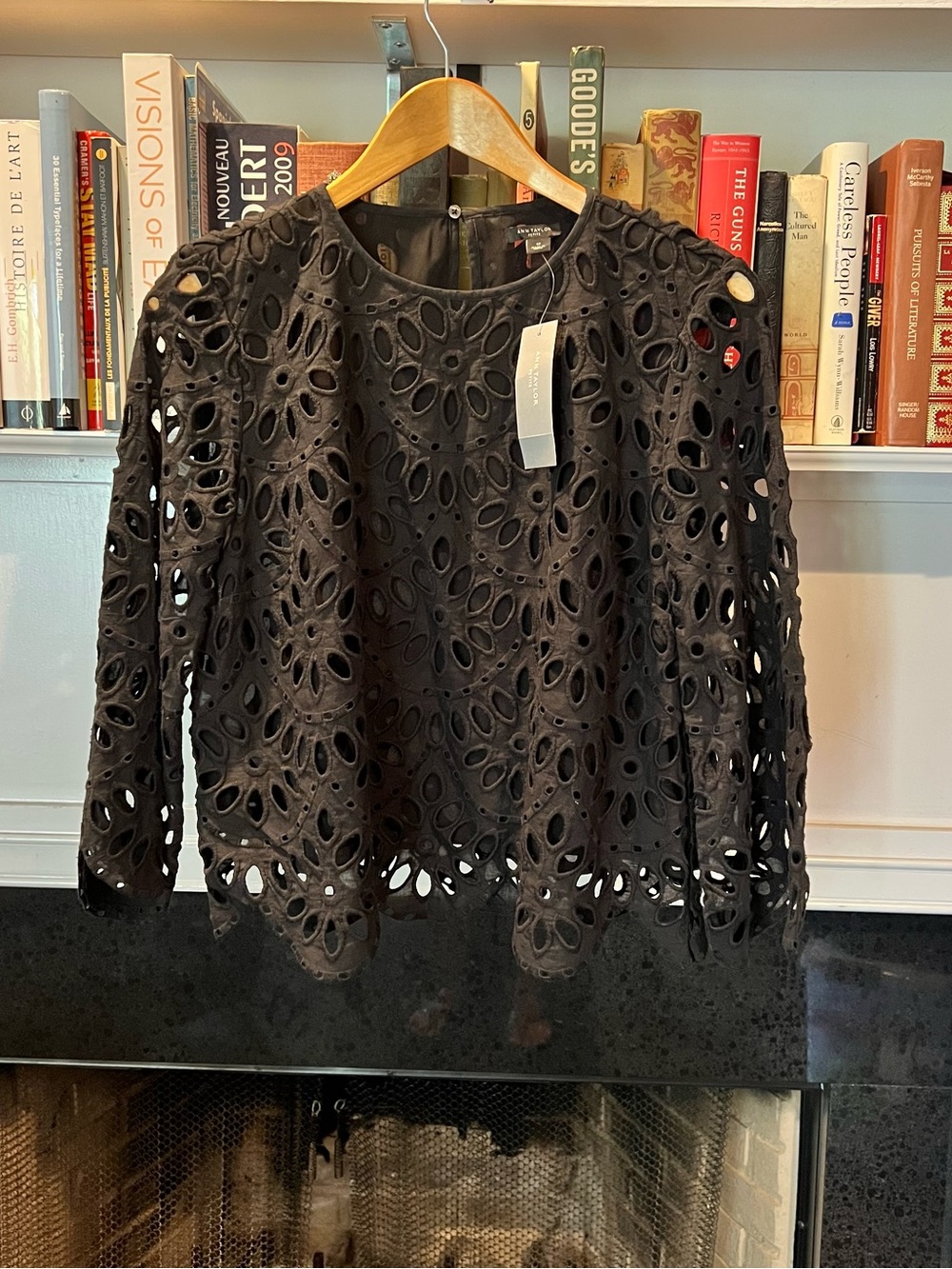 Ann Taylor Black Eyelet Cutout Lace Long-Sleeve Top